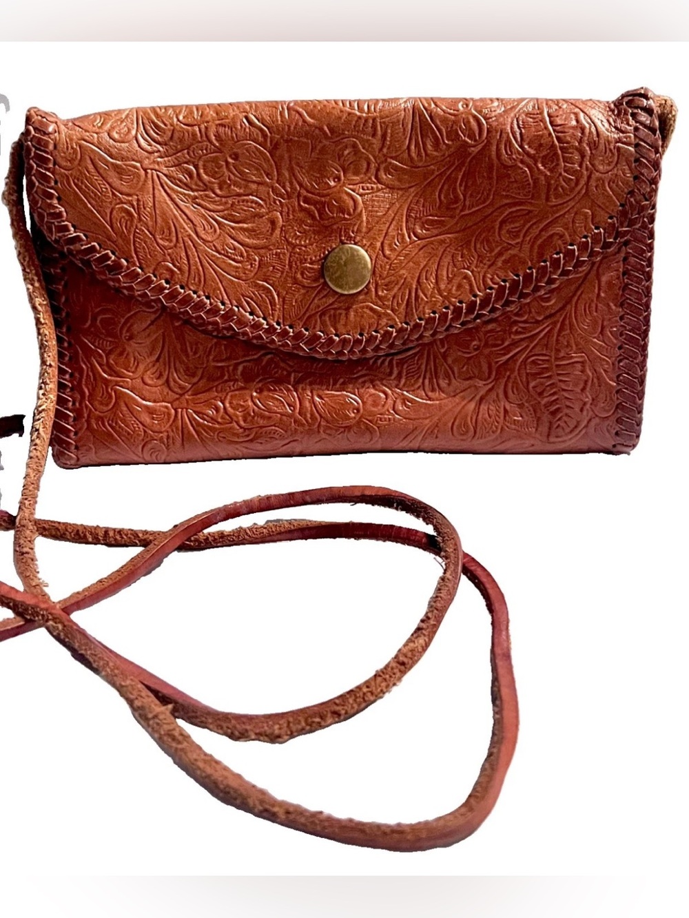Hand-Tooled Leather Crossbody Purse Hand Made Floral Embossed Stitched Cognac